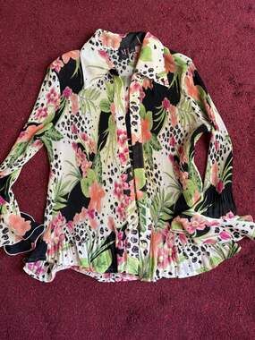 M Milano Y2K Floral Leopard Print Crinkle Chiffon Ruffle Button-Up Blouse